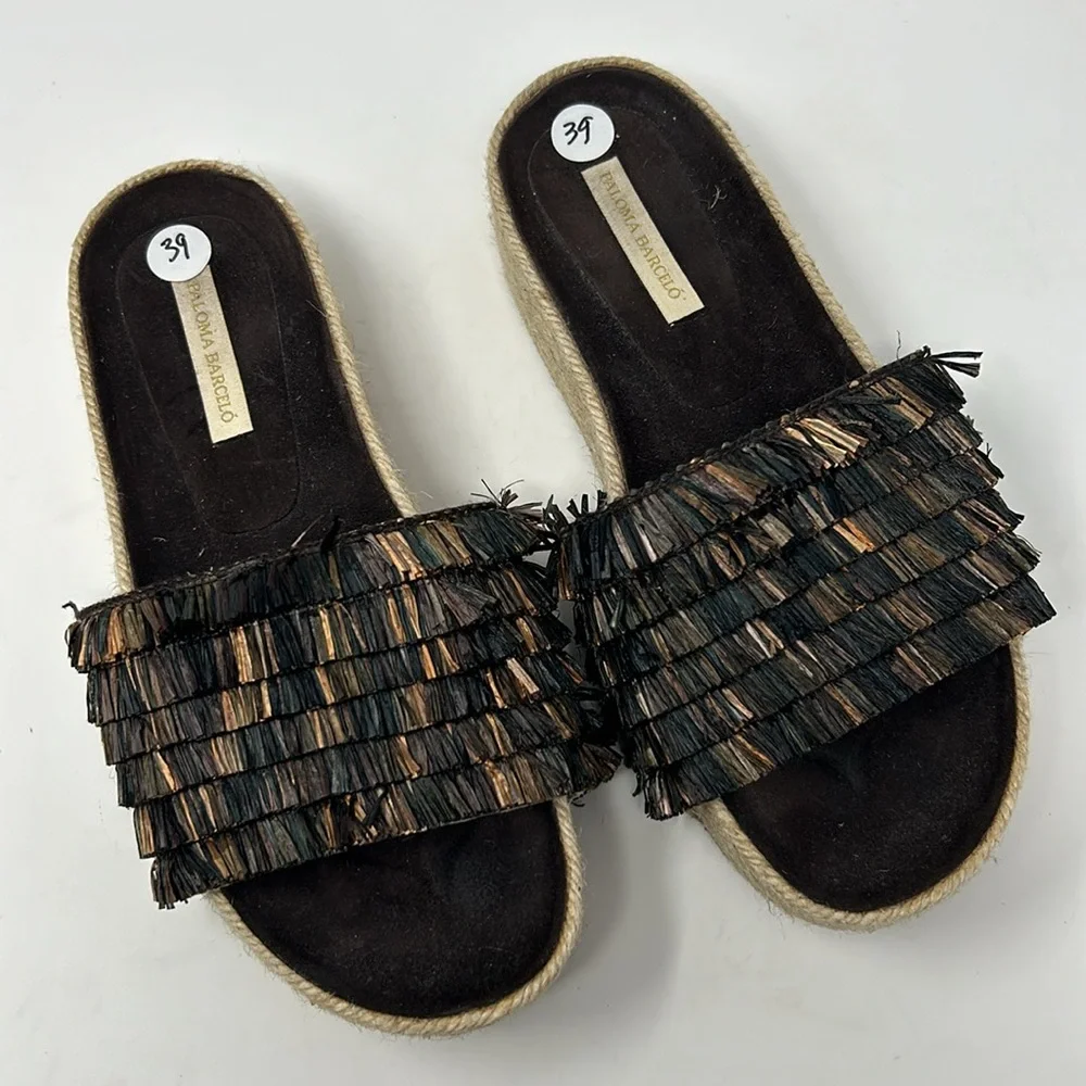 Paloma Barcelo Brown Raffia Espadrille Slip On Slide Platform Sandals EU Size 39